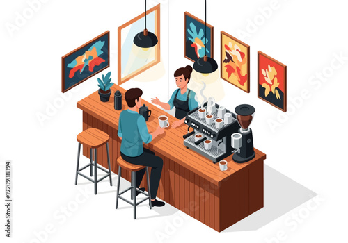A man and woman sitting at a coffee shop counter with barista serving coffee surrounded by artwork