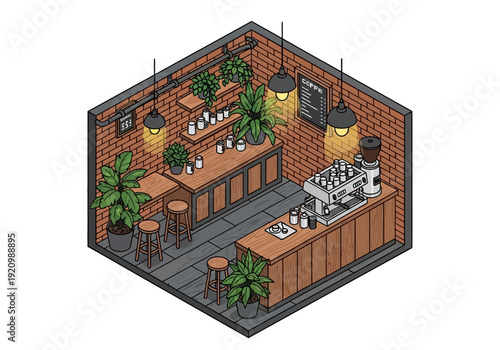 Isometric View of a Modern Coffee Shop Interior with Coffee Machines and Plants