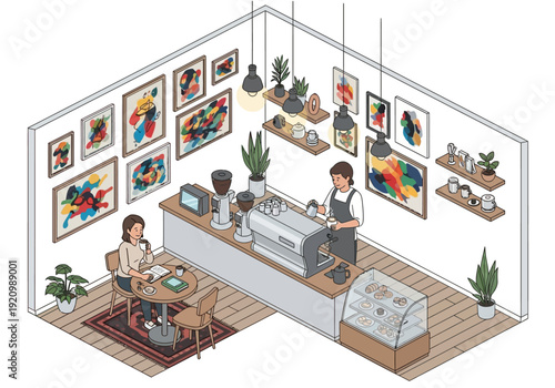 A barista serves coffee to a customer in a modern, minimalistic coffee shop with abstract artwork on the walls.