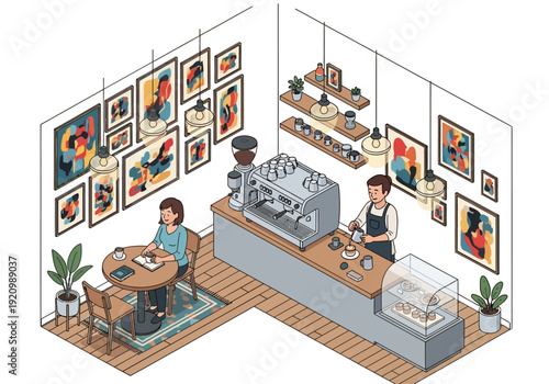 Isometric illustration of a coffee shop interior with a barista and customer surrounded by artwork