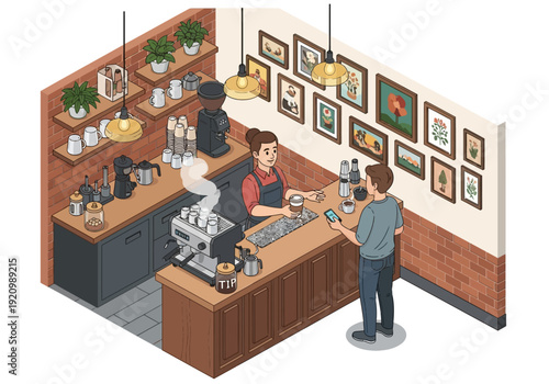 Isometric illustration of a coffee shop scene with a barista serving a customer in a modern environment