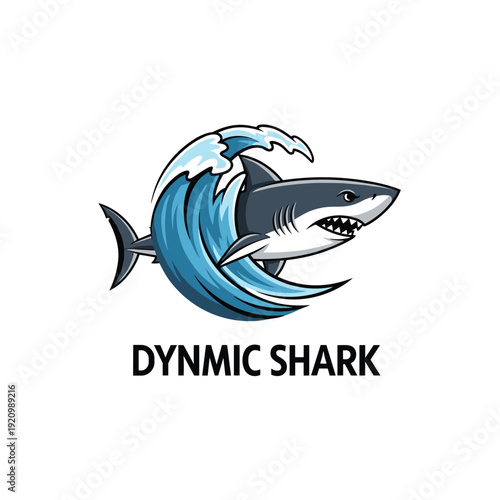 Aggressive great white shark mascot emerging from a blue ocean wave