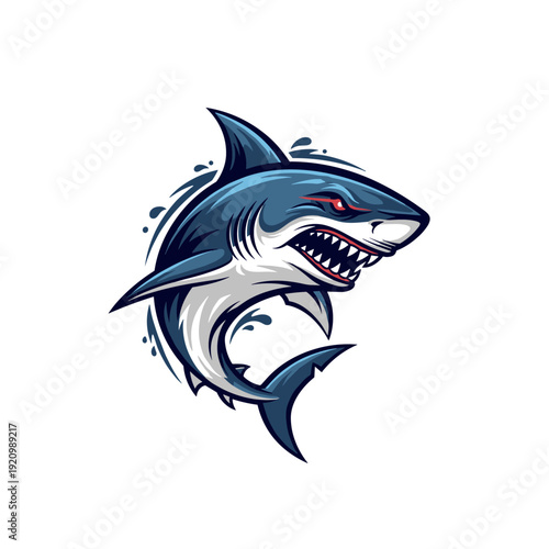 Aggressive great white shark mascot illustration with sharp teeth and red eyes
