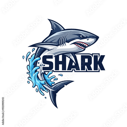 Aggressive grey shark mascot logo with blue water splash and text