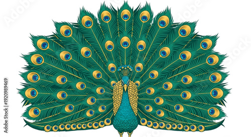 Ornate Peacock with Displayed Tail Feathers in Vibrant Teal Green and Gold Flat Vector Art