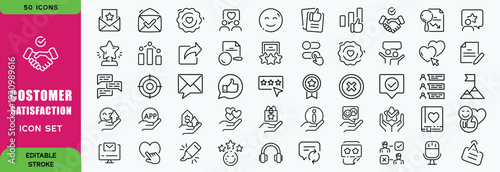 Customer satisfaction and happy client line icon set in modern outline style. Collection includes customer feedback, rating, review, happy client, smiley, satisfaction, star rating, and approval