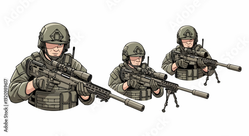 set Sniper soldier portrait with rifle and tactical outfit
