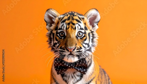 Adorable tiger cub with bow tie, bright orange background, close-up portrait, cute and expressive face