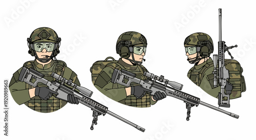 set Sniper soldier portrait with rifle and tactical outfit