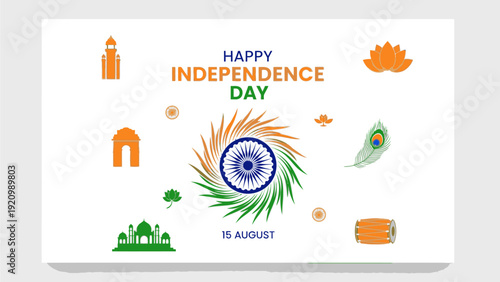 Flat design illustration of Indian Independence Day symbols and icons on a white background with vibrant orange, green, and blue colors.