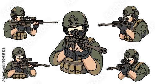 set Sniper soldier portrait with rifle and tactical outfit