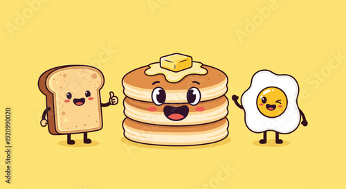 Cartoon Breakfast Food Characters with Smiles.
