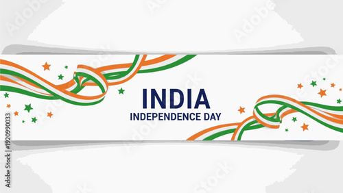 Close-up of a white banner with India Independence Day text and colorful designs on a light gray background.