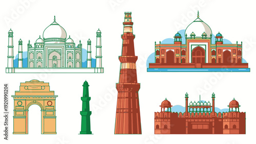 Illustration of famous landmarks including mosques and arches in various colors against a white background.