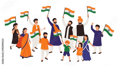 Illustration of a diverse group of people waving Indian flags in celebration on a white background with vibrant orange, green, and white colors.