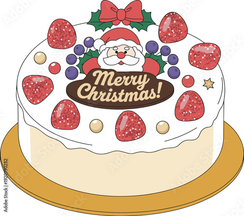 Christmas cake with Santa Claus face, strawberries, blueberries, holly leaves, red bow, and chocolate plaque reading Merry Christmas, festive holiday dessert illustration