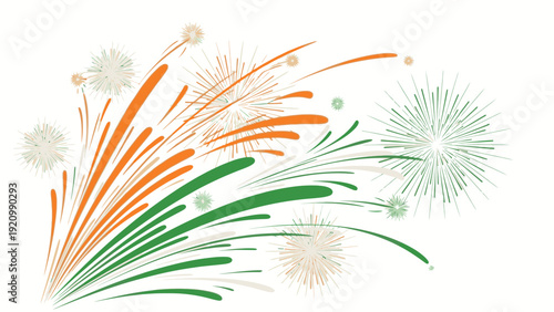 Illustration of orange, green and beige fireworks exploding against a white background with a shallow depth of field.