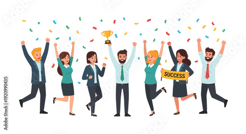 Team Celebrating Success with Trophy and Confetti