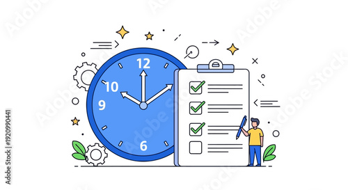 Time Management Illustration with Clock, Checklist, and Person