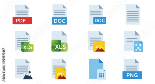 Various Document File Types Icons in Flat Design