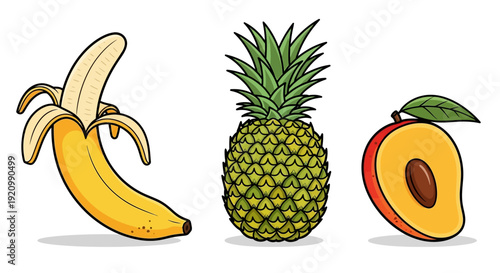 Vibrant cartoon illustration of tropical fruits: a peeled banana, a whole pineapple, and a halved peach.