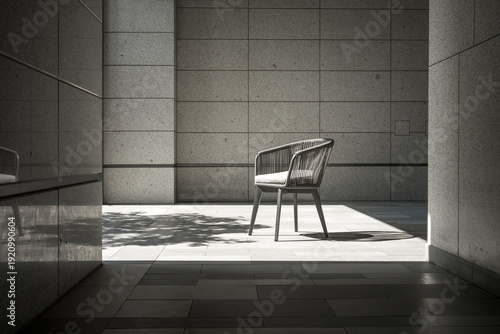 Bild auf Leinwand A single modern chair in a minimalist architectural interior with dramatic light