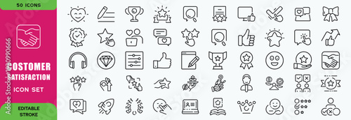 Customer satisfaction and happy client line icon set in modern outline style. Collection includes customer feedback, rating, review, happy client, smiley, satisfaction, star rating, and approval