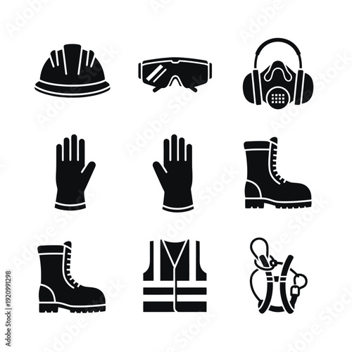 Safety Gear Icons: Hard Hat, Goggles, Respirator, Gloves, Boots, Vest, Harness