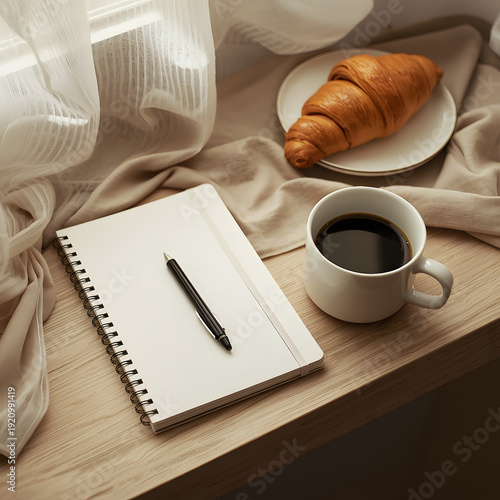 minimal morning workspace flat lay, blank white notebook or journal, coffee cup, clean modern desk setup, Scandinavian aesthetic, neutral and muted tones, soft natural window light, diffused shadow, r