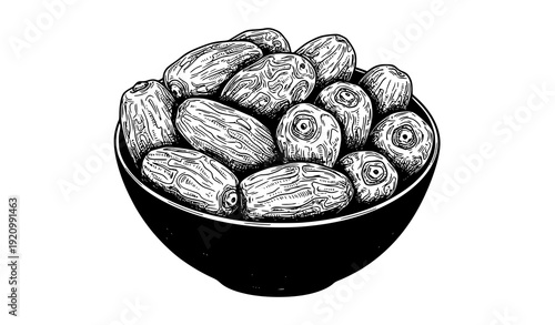 Hand drawn dates fruit in bowl botanical food sketch isolated vector illustration