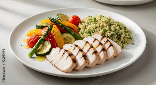 Healthy grilled chicken breast with colorful vegetables and couscous, a balanced and delicious meal