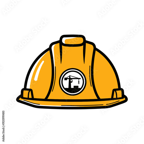 Yellow hard hat with construction crane icon on white background