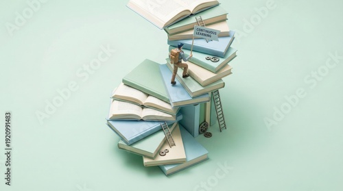 Figurine climbing book steps symbolizing continuous learning and growth