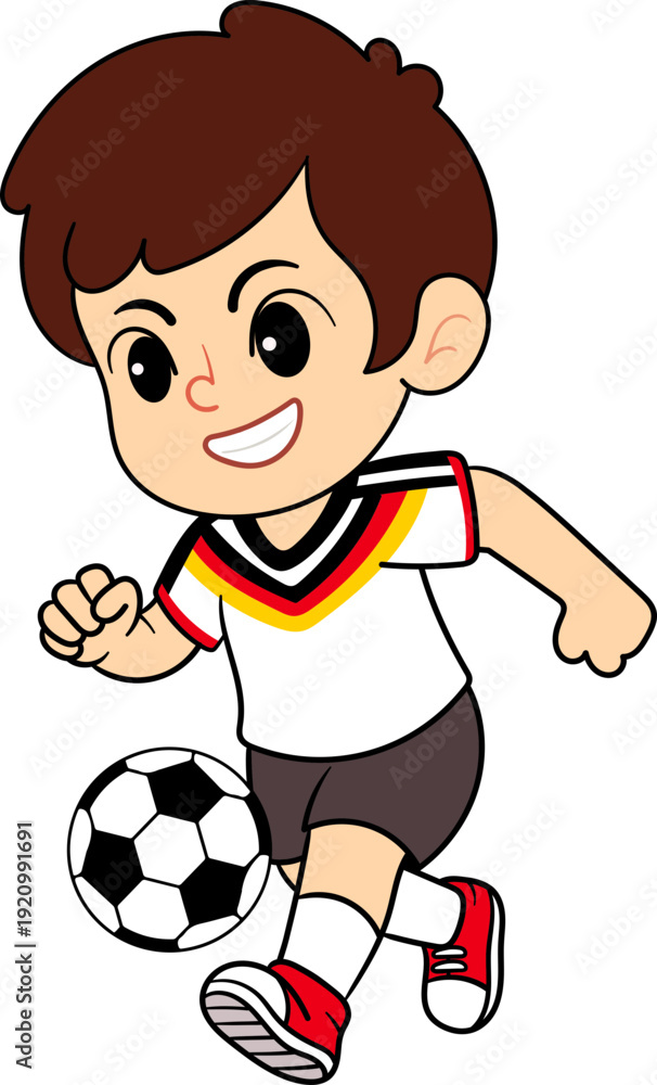 Obraz premium Cartoon Kid Soccer Player Running with Ball Wearing Germany National Kit