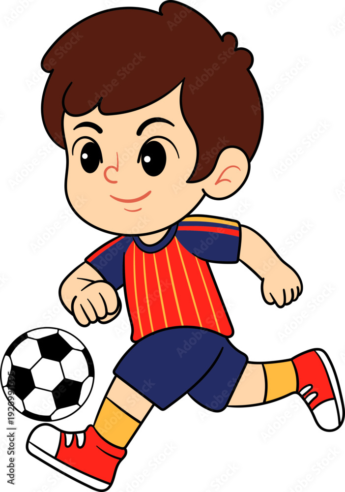 Obraz premium Cute Boy Playing Football Kicking Ball in Spain National Team Red Jersey