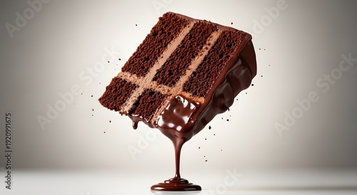 A decadent slice of rich chocolate cake with glossy fudge frosting dripping downwards in a studio setting