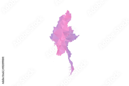 Myanmar Map - Polygon Style Vector Illustration in Pink and Purple Gradient, Low Poly Geometric Design, Isolated on White Background for Infographics and Education.