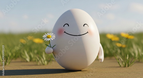 Smiling egg character holds flower in sunny field with yellow blooms and green grass