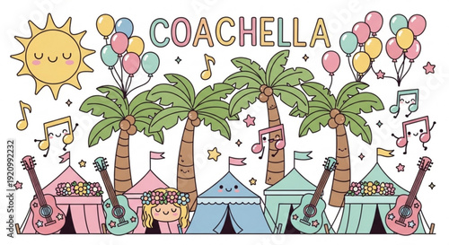 Colorful coachella festival scene with tents palm trees guitars and balloons under sunny sky