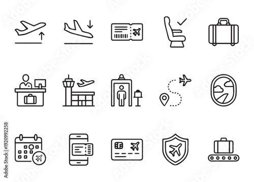 Airplane travel line icons set vector illustration