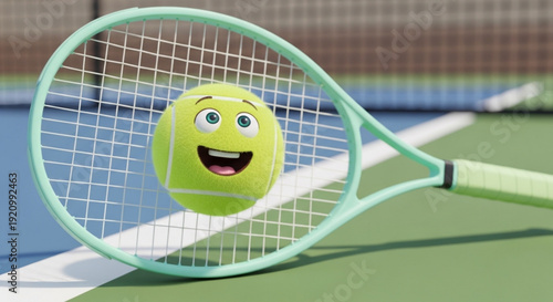 Smiling tennis ball with eyes caught in green racket on court with net background