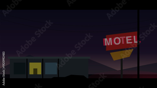 Motel Sign Night Dark Desert Highway Minimalist Flat Vector Illustration Retro Noir Urban Scene Design