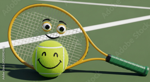 Smiling tennis ball and racket on court with cartoon eyes and face playful sports concept