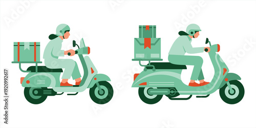 Professional female delivery rider driving scooter motorbike with package box vector design set. Female courier riding delivery scooter with parcel, express home delivery service. Woman with scooter.