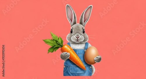 Cute rabbit in blue overalls holding carrot and egg on solid coral background