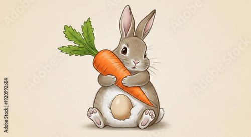 Cute brown rabbit holding big orange carrot with green leaves on beige background