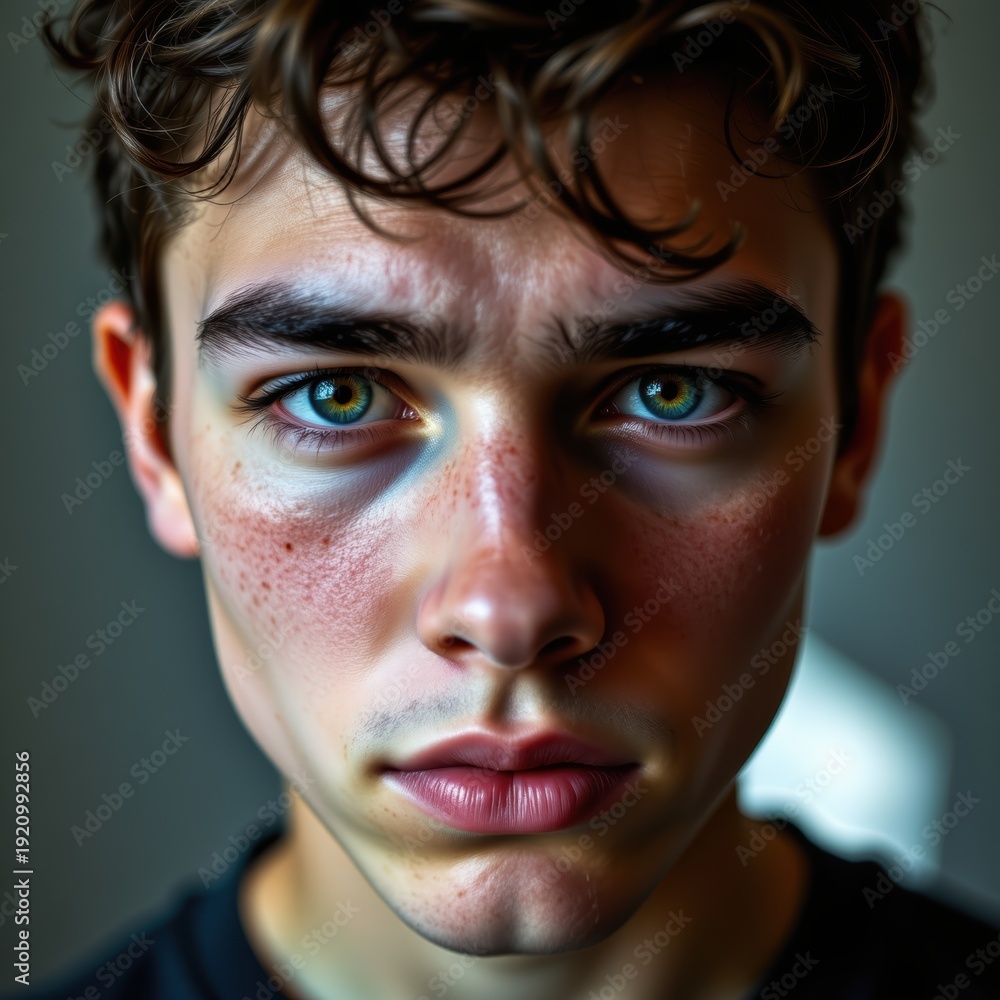 Fototapeta premium Young Adult Experiencing Climate Anxiety concept. Close-up portrait of a young man with intense eyes and textured skin in dramatic lighting.