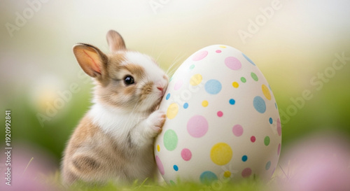Cute brown and white bunny snuggles a large colorful easter egg in green grass