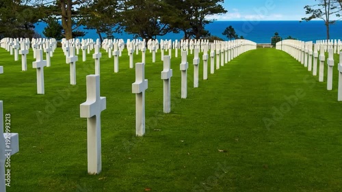 Rows of white crosses at the American World War II cemetery on the Normandy coast, Colleville-sur-Mer, Manche department, France, October 16, 2025. High quality 4k footage