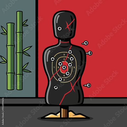Black Shooting Target Mannequin with Bullet Holes.